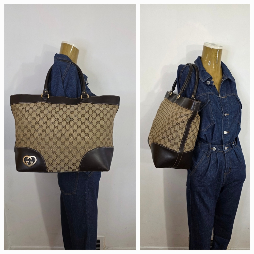 Gucci Brown Monogram Canvas Tote with Dark Brown Leather Trim